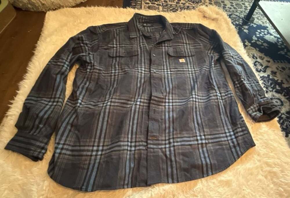 Carhartt Loose Fit Plaid Flannel Long Sleeve Shirt Men's 2XL Grey Blue